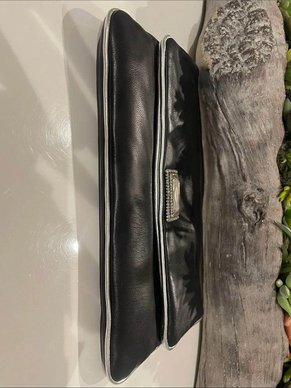 Clara Kasavina Black Leather Evening Clutch Crystal Clasp & Dust Bag - NWOT